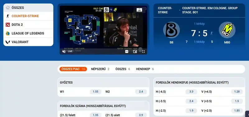 Mostbet e-sport felület – Counter-Strike élő közvetítés
